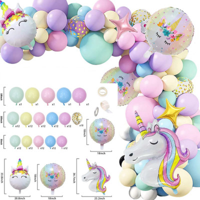 Kit de 142 de baloane cu unicorn curcubeu pentru ghirlande cu arc, roz pastel, mov, confeti, pentru decorațiuni pentru petrecerea de ziua de naștere.
