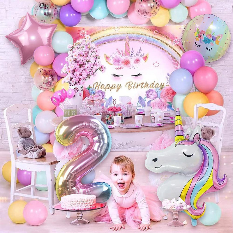 Kit de 142 de baloane cu unicorn curcubeu pentru ghirlande cu arc, roz pastel, mov, confeti, pentru decorațiuni pentru petrecerea de ziua de naștere.