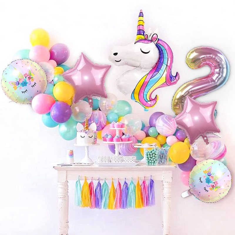 Kit de 142 de baloane cu unicorn curcubeu pentru ghirlande cu arc, roz pastel, mov, confeti, pentru decorațiuni pentru petrecerea de ziua de naștere.