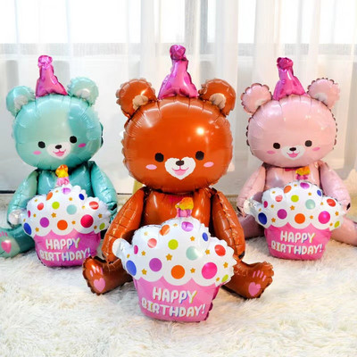 Aranjament pentru decorațiuni pentru petrecerea de ziua de naștere pentru copii Balon de jucărie 4D stând și ținând tort, ursuleț, formă de desene animate, balon din folie de aluminiu
