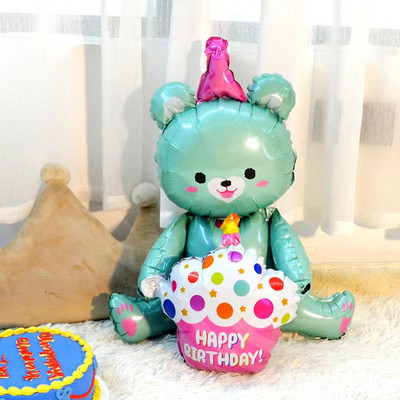 Ρύθμιση διακόσμησης παιδικού πάρτι γενεθλίων παιχνίδι μπαλόνι 4D που κάθεται και κρατά τούρτα αρκουδάκι σε σχήμα καρτούν μπαλόνι από φύλλο αλουμινίου