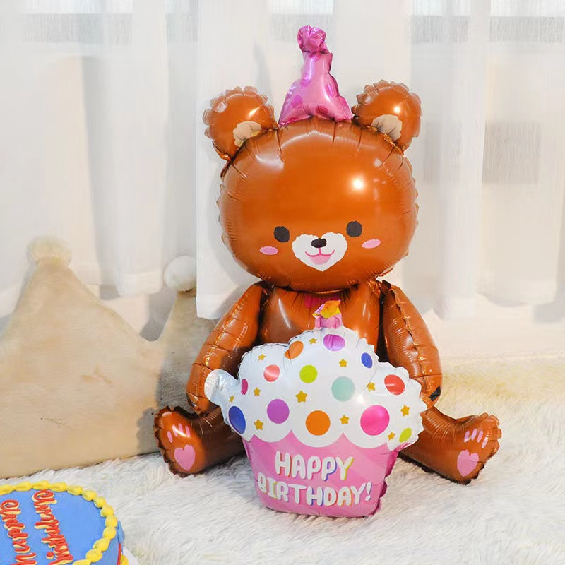 Ρύθμιση διακόσμησης παιδικού πάρτι γενεθλίων παιχνίδι μπαλόνι 4D που κάθεται και κρατά τούρτα αρκουδάκι σε σχήμα καρτούν μπαλόνι από φύλλο αλουμινίου