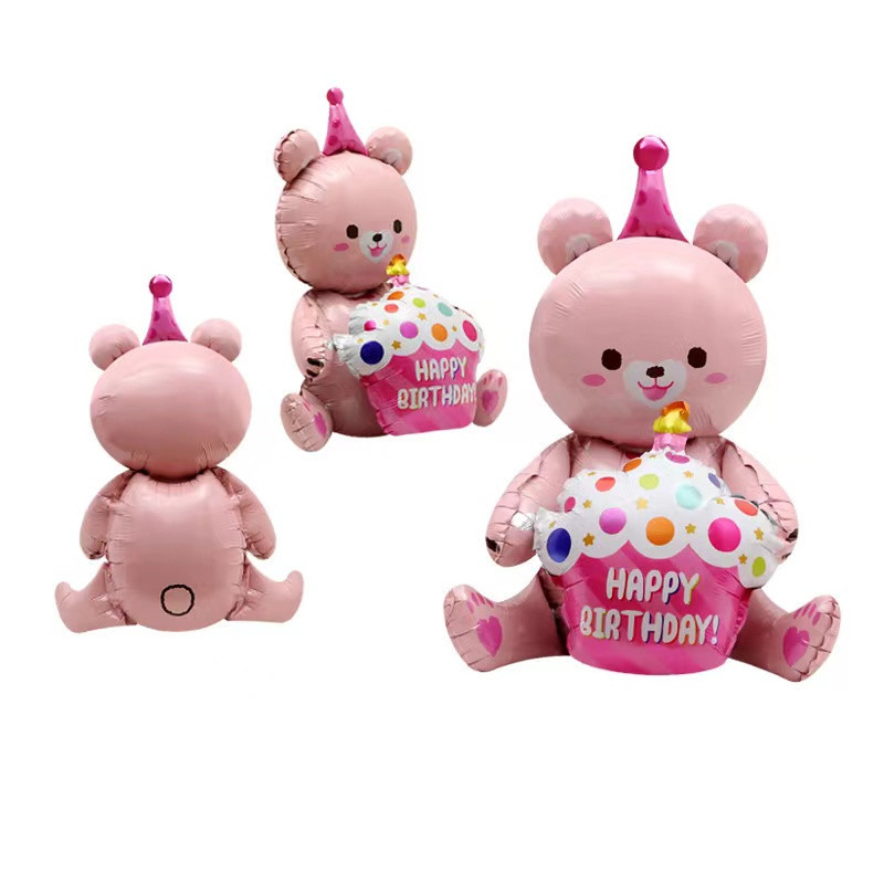 Ρύθμιση διακόσμησης παιδικού πάρτι γενεθλίων παιχνίδι μπαλόνι 4D που κάθεται και κρατά τούρτα αρκουδάκι σε σχήμα καρτούν μπαλόνι από φύλλο αλουμινίου