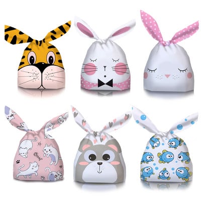 50Pcs Rabbit Ear Bags Cookies Candy Gift Plastic Bags Happy Easter Baking Packaging for Biscuits Snack Party Supplies