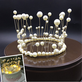 Метална перла Princess Crown Cake Topper Изкуствени перли Headdress Сватбена торта Decorating Baby Shower Birthday Topper Handmade