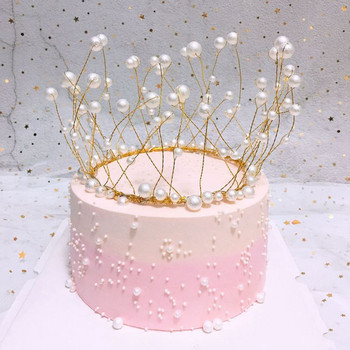 Метална перла Princess Crown Cake Topper Изкуствени перли Headdress Сватбена торта Decorating Baby Shower Birthday Topper Handmade