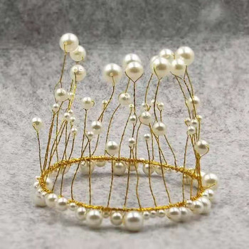 Метална перла Princess Crown Cake Topper Изкуствени перли Headdress Сватбена торта Decorating Baby Shower Birthday Topper Handmade