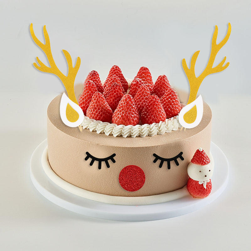 1 set de ren de Crăciun, elan, coarne pentru tort, cu gene, nas, ureche, pentru ziua de naștere de Crăciun, baby shower, pentru petrecere de nuntă, consumabile pentru tort