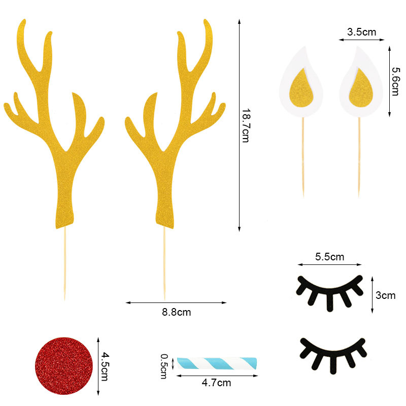 1 set de ren de Crăciun, elan, coarne pentru tort, cu gene, nas, ureche, pentru ziua de naștere de Crăciun, baby shower, pentru petrecere de nuntă, consumabile pentru tort