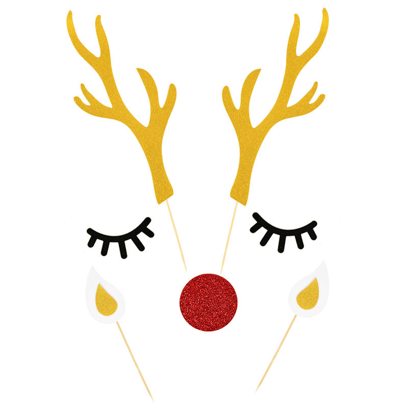 1 set de ren de Crăciun, elan, coarne pentru tort, cu gene, nas, ureche, pentru ziua de naștere de Crăciun, baby shower, pentru petrecere de nuntă, consumabile pentru tort