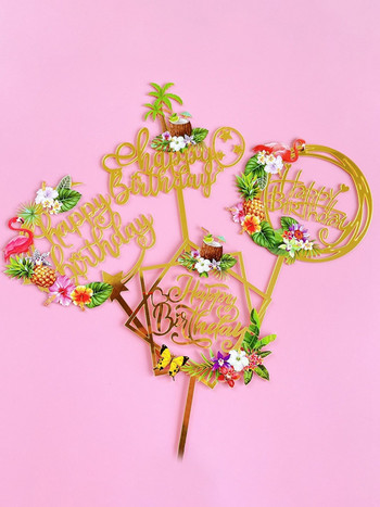 Hawaii Flamingo Birthday Cake Topper Glod Acrylic Flamingo Coconut Cake Summer Hawaii Happy Birthday Party Supplies