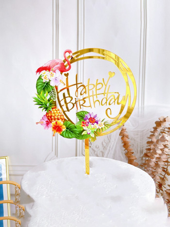 Hawaii Flamingo Birthday Cake Topper Glod Acrylic Flamingo Coconut Cake Summer Hawaii Happy Birthday Party Supplies