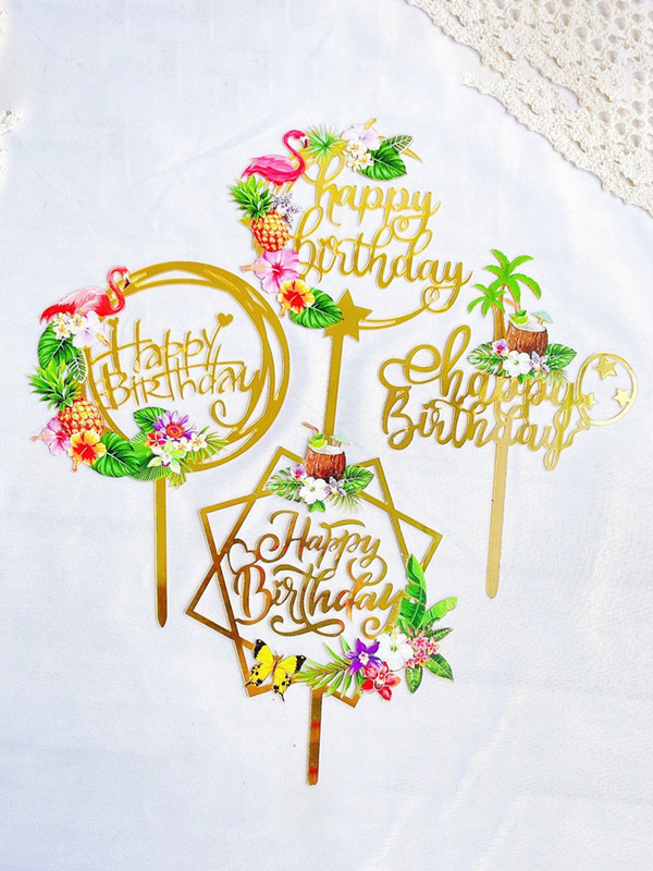 Topper pentru tort de aniversare cu flamingo din Hawaii Glod acrilic flamingo nucă de cocos pentru decorare pentru tort de vară, rechizite pentru petreceri de la mulți ani