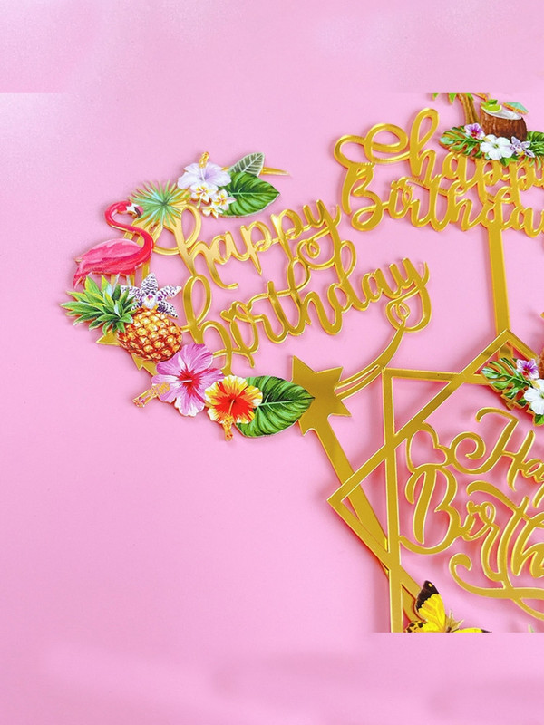 Topper pentru tort de aniversare cu flamingo din Hawaii Glod acrilic flamingo nucă de cocos pentru decorare pentru tort de vară, rechizite pentru petreceri de la mulți ani