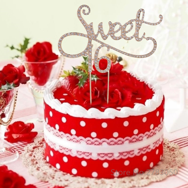 Sweet 16 Cake Topper 16th Birthday Party Themes with Rhinestone Decoration Είδη διακόσμησης τούρτας χρυσό/ασημί
