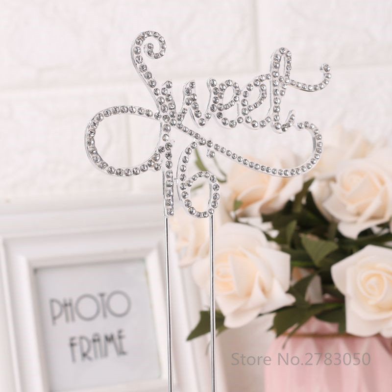 Sweet 16 Cake Topper 16th Birthday Party Themes with Rhinestone Decoration Είδη διακόσμησης τούρτας χρυσό/ασημί