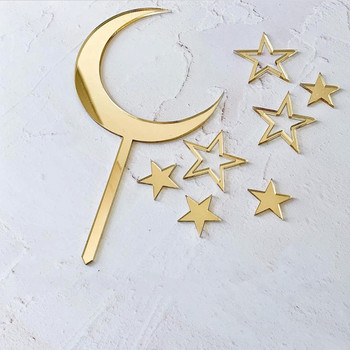 Gold Moon Stars Happy Birthday Cake Topper Сватбен акрилен топер за торта за бебета Деца Рожден ден Консумативи Декорации за торта