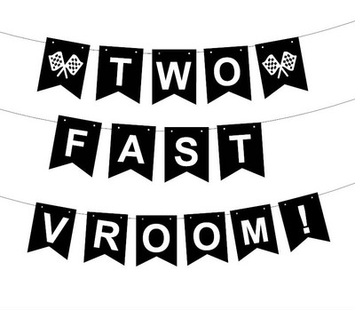 Μαύρο Σετ χάρτινο Banner Two Fast Vroom με θέμα για πάρτι γενεθλίων για μωρό Παιδικό αγόρι Δώρο για 2ο πάρτι γενεθλίων