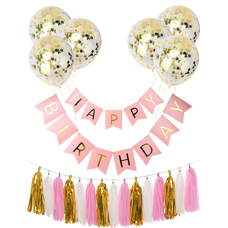 Banner de hârtie La mulți ani, ghirlandă cu ciucuri din aur roz, decorațiuni pentru petreceri, adulți, copii, prima fată, pentru baloane confetti