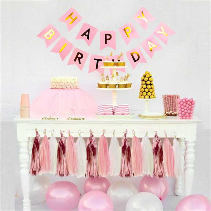 Banner de hârtie La mulți ani, ghirlandă cu ciucuri din aur roz, decorațiuni pentru petreceri, adulți, copii, prima fată, pentru baloane confetti