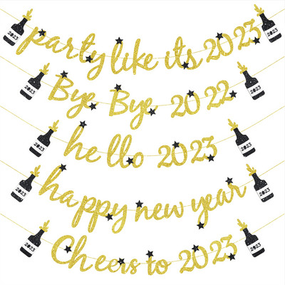 Блестящ банер за бутилка шампанско Честита Нова Година 2023 Новогодишна украса за парти