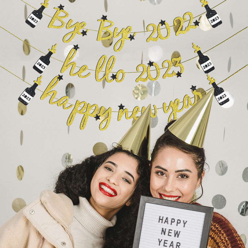 Strălucitor 2023 La mulți ani, banner pentru sticlă de șampanie, decorare pentru petrecerea de Anul Nou