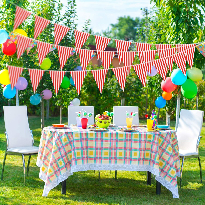 Banner cu fanion pentru petrecere tematică de carnaval, din plastic, roșu, alb, cu dungi, ghirlanda, steag triunghi, bunting pentru decorarea petrecerii de aniversare a circului
