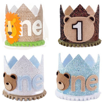 Първа детска парти за рожден ден Блестяща шапка с кафява мечка ЕДНА Корона за рожден ден от чул, лъв, бебешки душ, фотореквизит