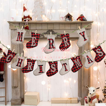 Χαρούμενα Χριστουγεννιάτικα Banner Λινάτσα Buffalo Καρό Κάλτσα Χριστουγεννιάτικη Διακόσμηση για Χριστουγεννιάτικη γιρλάντα εξωτερικού χώρου Firepalce