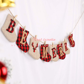 Χαρούμενα Χριστουγεννιάτικα Banner Λινάτσα Buffalo Καρό Κάλτσα Χριστουγεννιάτικη Διακόσμηση για Χριστουγεννιάτικη γιρλάντα εξωτερικού χώρου Firepalce