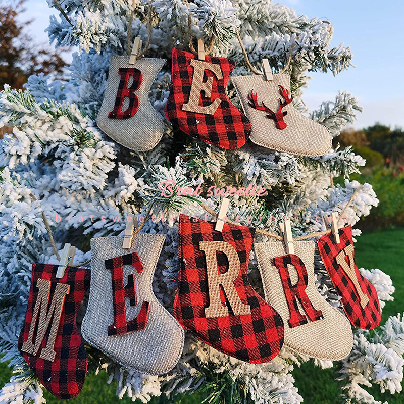Häid jõule bänner Pühvli ruuduline sokikujuline jõulukaunistus kodu jaoks õues rippuv vanik