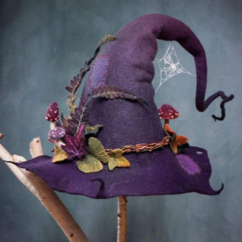 Хелоуин шапка на вещица Cosplay Prop Dress Up Аксесоар за костюми с дълга опашка Цвете от роза Гъба Декор Хелоуин парти шапка на вещица от филц