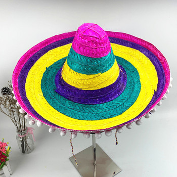 Мексиканска шапка Естествена мъжка сламена мексиканска сомбреро шапка Дамски цветни шапки за парти за рожден ден Декор Сламена шапка Аксесоари за парти костюми