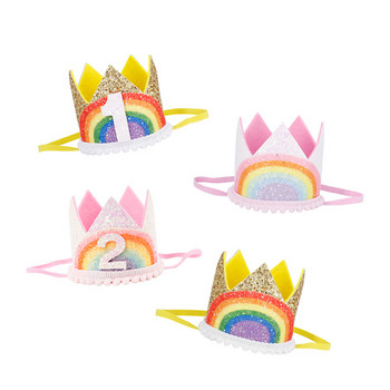 Glitter Rainbow Felt Birthday Lace Party Crown Бебета Първи месец Празник Момчета Момичета Деца Розово злато S00789