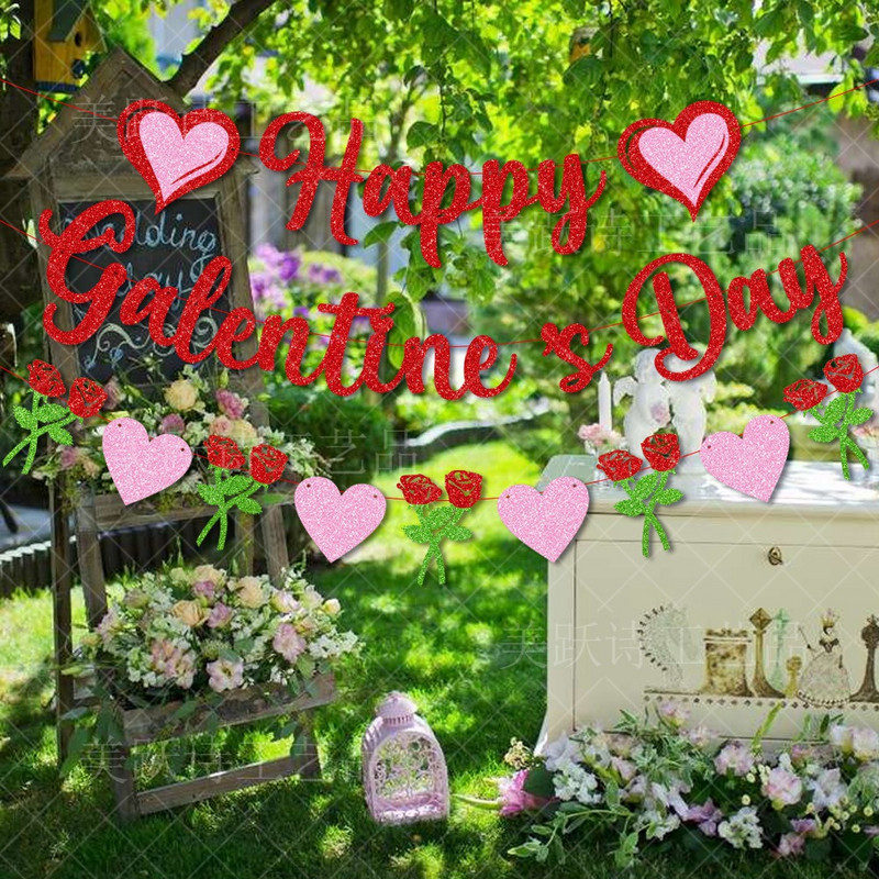 Κόκκινο ροζ Αγίου Βαλεντίνου Love Heart Γιιρλάντες Αγκαλιές & Φιλιά Πανό Τριαντάφυλλο Αγάπη Happy Valentine Διακόσμηση πάρτι για το σπίτι 2023 Lovers Fav