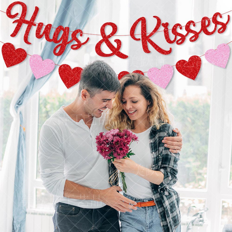 Κόκκινο ροζ Αγίου Βαλεντίνου Love Heart Γιιρλάντες Αγκαλιές & Φιλιά Πανό Τριαντάφυλλο Αγάπη Happy Valentine Διακόσμηση πάρτι για το σπίτι 2023 Lovers Fav