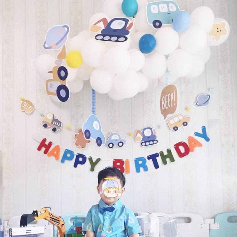 Ins Auto Autobus Tema Rođendanska zabava 1. rođendan Banner Dekoracija Bijeli baloni Clound Scene Pozadinski zid Dječak Djevojčica Baby Shower