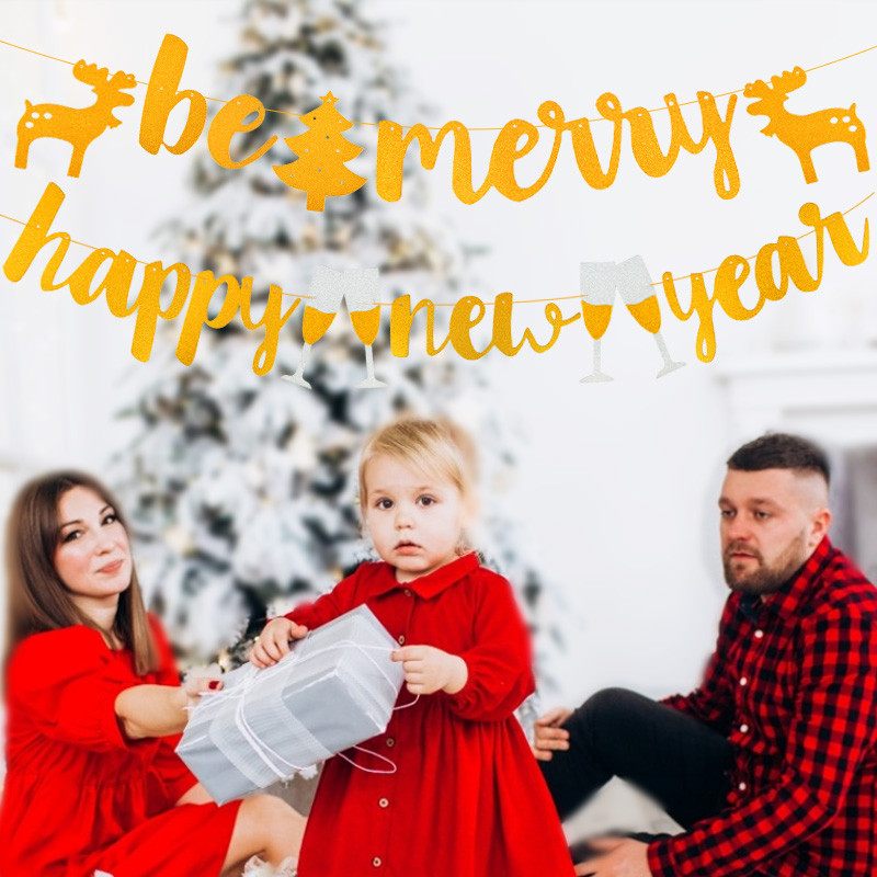 1 set de aur Crăciun Fericit Banner de An Nou Fericit Ghirlandă Steag de hârtie Fulg de zăpadă Căprior Moș Crăciun Bunting pentru Decor de Anul Nou 2021