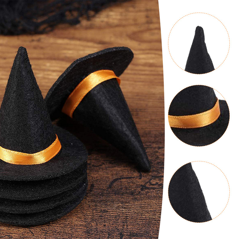 6 buc. Mini pălării de vrăjitoare din pâslă, decorate manual pentru sticle de vin, pentru Halloween, bricolaj, accesorii pentru păr, artizanat, accesorii pentru petreceri de Halloween, negru