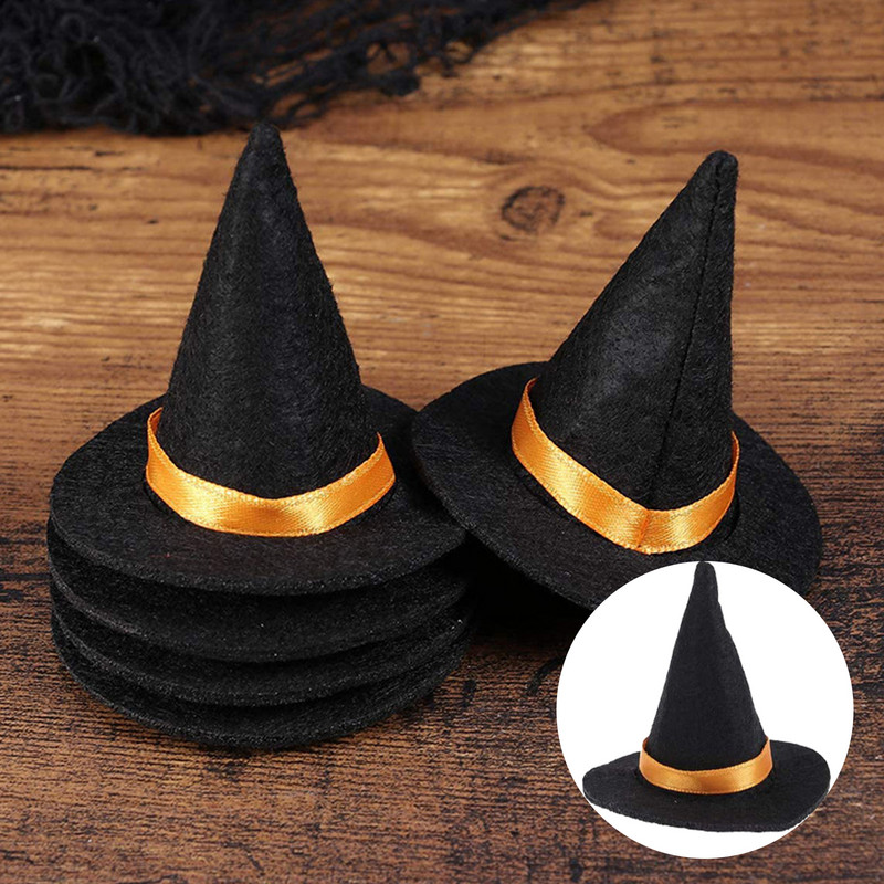 6 buc. Mini pălării de vrăjitoare din pâslă, decorate manual pentru sticle de vin, pentru Halloween, bricolaj, accesorii pentru păr, artizanat, accesorii pentru petreceri de Halloween, negru