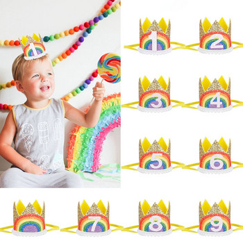 1-9 Rainbow Birthday Crown Шапки Baby Shower Детски рожден ден Декорации за цифрови шапки Момче Момиче Аксесоари за коса Консумативи