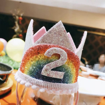 1-9 Rainbow Birthday Crown Шапки Baby Shower Детски рожден ден Декорации за цифрови шапки Момче Момиче Аксесоари за коса Консумативи