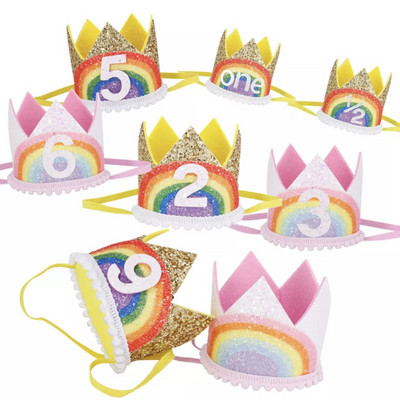 1-9 Rainbow Birthday Crown Καπέλα Baby Shower Kids Birthday Birthday Party Ψηφιακά καπέλο Διακοσμήσεις για αγόρι κορίτσι Αξεσουάρ μαλλιών προμήθειες