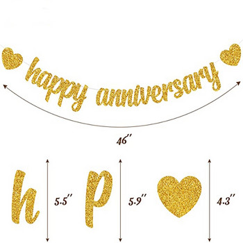 Πανό Happy Anniversary Gold Glitter Heart Bunting Banner for Wedding Anniversary Party Decorations Supplies