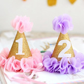 Grădină de flori pentru fete Shabby Chic Pălărie de zi de naștere Roz Lavandă Pălărie de petrecere cu flori aurii bentita 1-a 2-a 3-a șapcă de petrecere cu sclipici pentru nou-născut