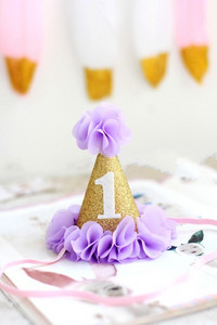 Grădină de flori pentru fete Shabby Chic Pălărie de zi de naștere Roz Lavandă Pălărie de petrecere cu flori aurii bentita 1-a 2-a 3-a șapcă de petrecere cu sclipici pentru nou-născut