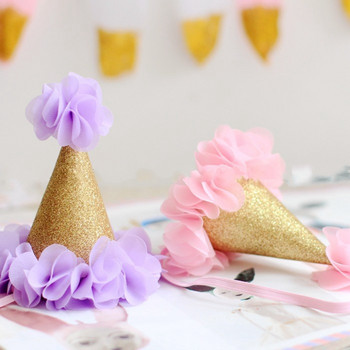 Κοριτσίστικο Flower Garden Shabby Chic Καπέλο Γενεθλίων Ροζ Λεβάντα Χρυσό λουλούδι καπέλο πάρτι κεφαλόδεσμο 1st 2nd 3rd Newborn Glitter καπέλο πάρτι