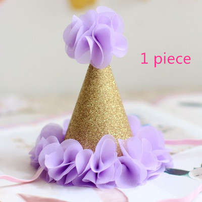 Grădină de flori pentru fete Shabby Chic Pălărie de zi de naștere Roz Lavandă Pălărie de petrecere cu flori aurii bentita 1-a 2-a 3-a șapcă de petrecere cu sclipici pentru nou-născut