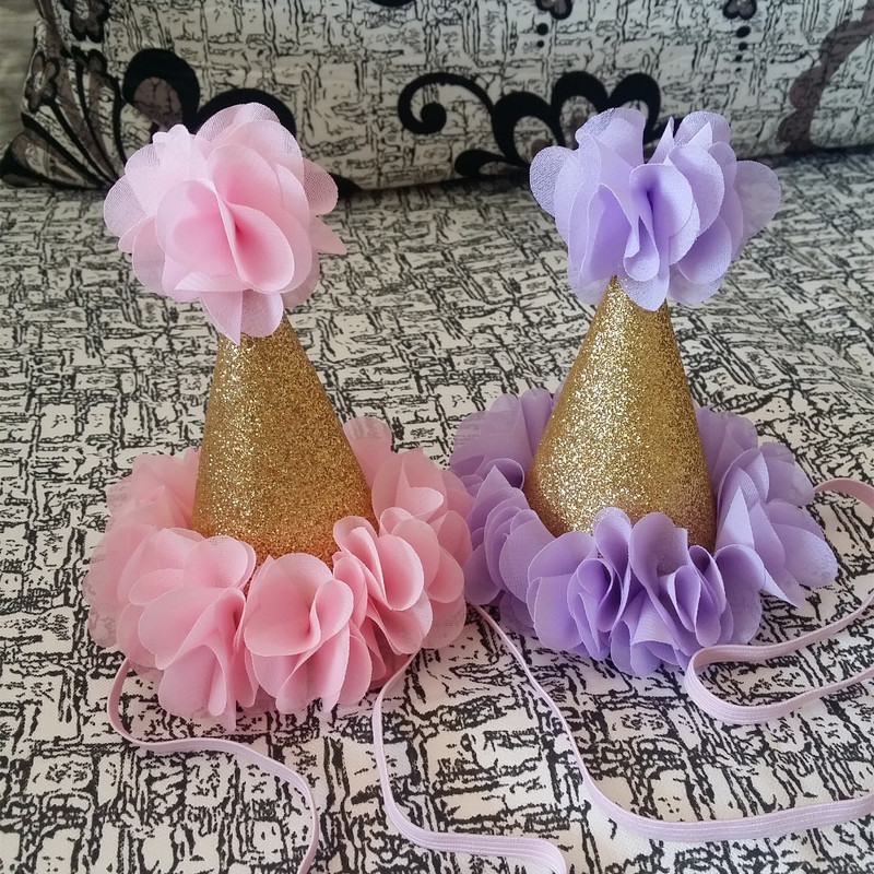 Grădină de flori pentru fete Shabby Chic Pălărie de zi de naștere Roz Lavandă Pălărie de petrecere cu flori aurii bentita 1-a 2-a 3-a șapcă de petrecere cu sclipici pentru nou-născut