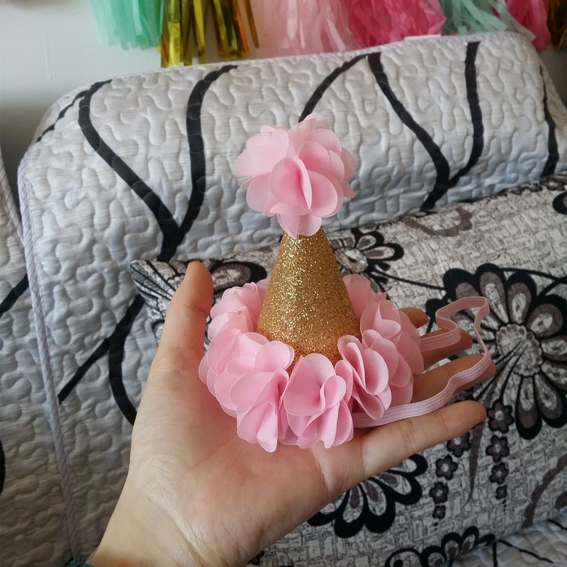 Grădină de flori pentru fete Shabby Chic Pălărie de zi de naștere Roz Lavandă Pălărie de petrecere cu flori aurii bentita 1-a 2-a 3-a șapcă de petrecere cu sclipici pentru nou-născut